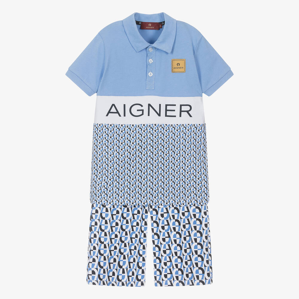 AIGNER-طقم شورت قطن لون أزرق وأبيض للأولاد | Childrensalon Outlet