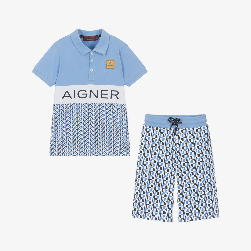 AIGNER-طقم شورت قطن لون أزرق وأبيض للأولاد | Childrensalon Outlet