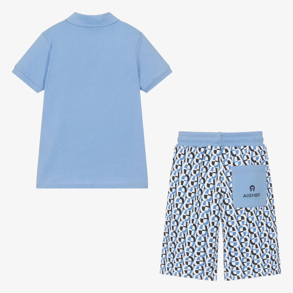 AIGNER-طقم شورت قطن لون أزرق وأبيض للأولاد | Childrensalon Outlet