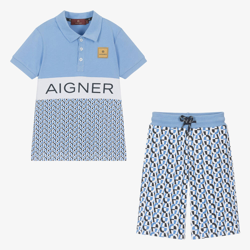 AIGNER-طقم شورت قطن لون أزرق وأبيض للأولاد | Childrensalon Outlet