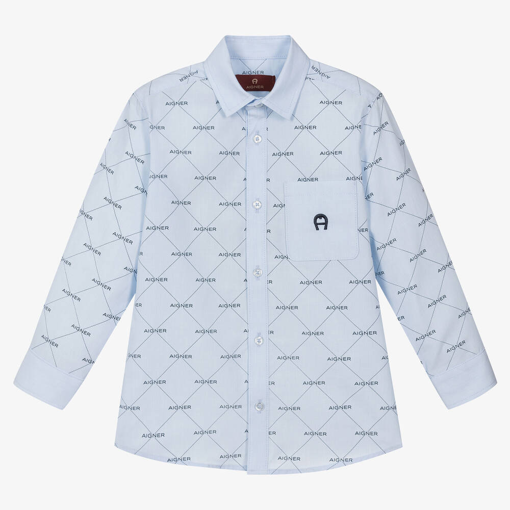 AIGNER - Boys Blue Cotton Logo Shirt | Childrensalon