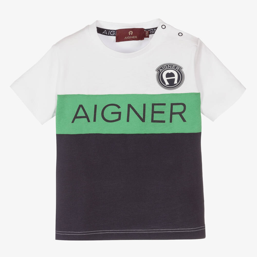 AIGNER-Boys Blue Green Cotton T-Shirt | Childrensalon Outlet
