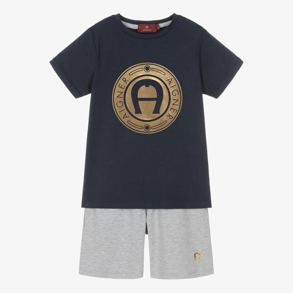 AIGNER-Boys Blue & Grey Cotton Shorts Set | Childrensalon Outlet