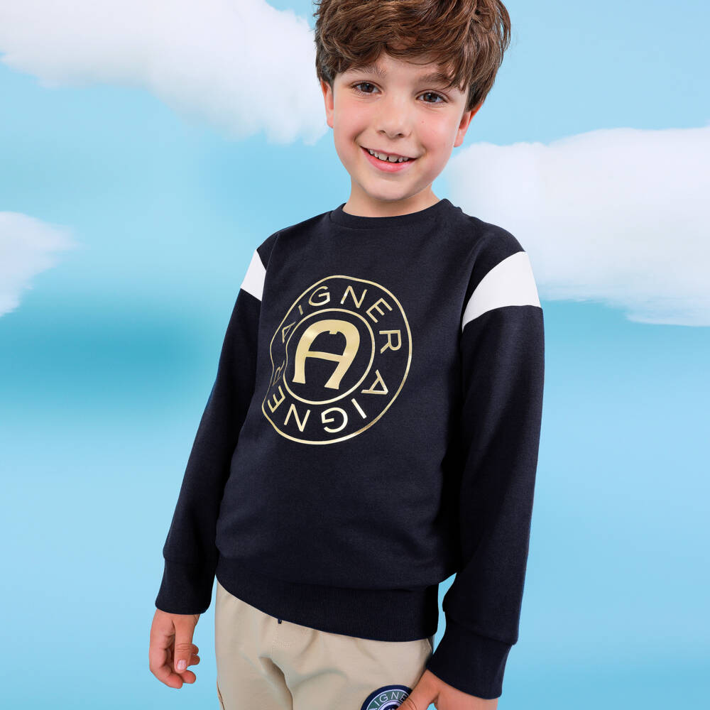 AIGNER-Boys Blue Logo Cotton Jumper | Childrensalon Outlet