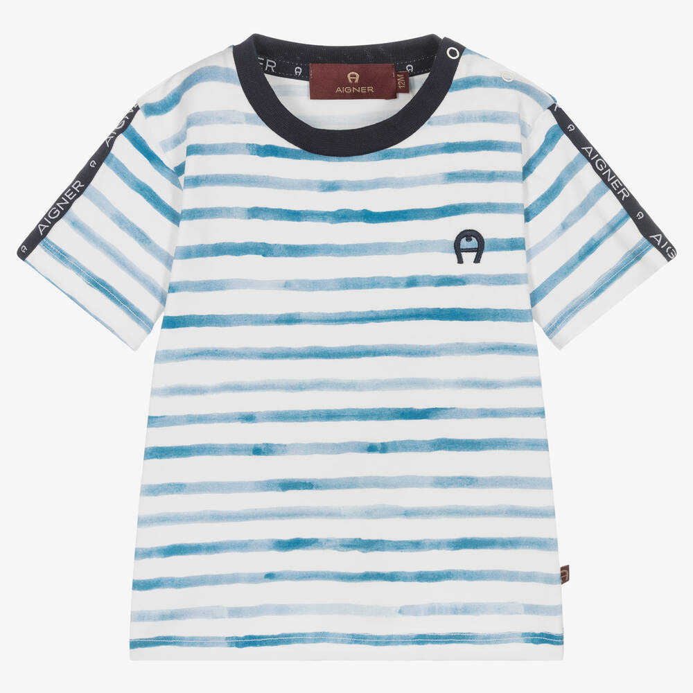 AIGNER - Boys Blue Stripe Cotton Logo T-Shirt | Childrensalon