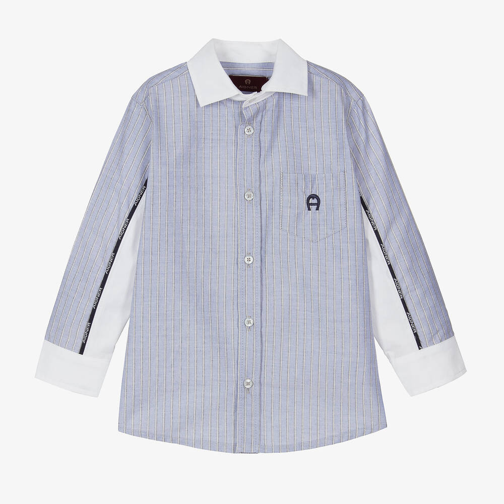 AIGNER - Boys Blue Striped Cotton Logo Shirt | Childrensalon