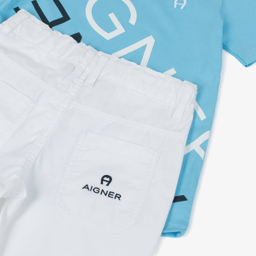 AIGNER-Boys Blue T-Shirt & White Cotton Shorts Set | Childrensalon Outlet