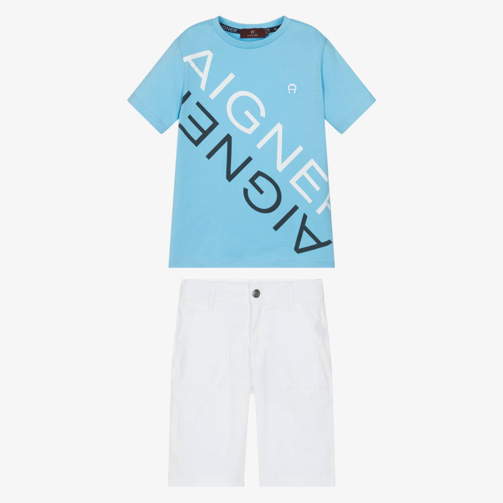 AIGNER-Boys Blue T-Shirt & White Cotton Shorts Set | Childrensalon Outlet