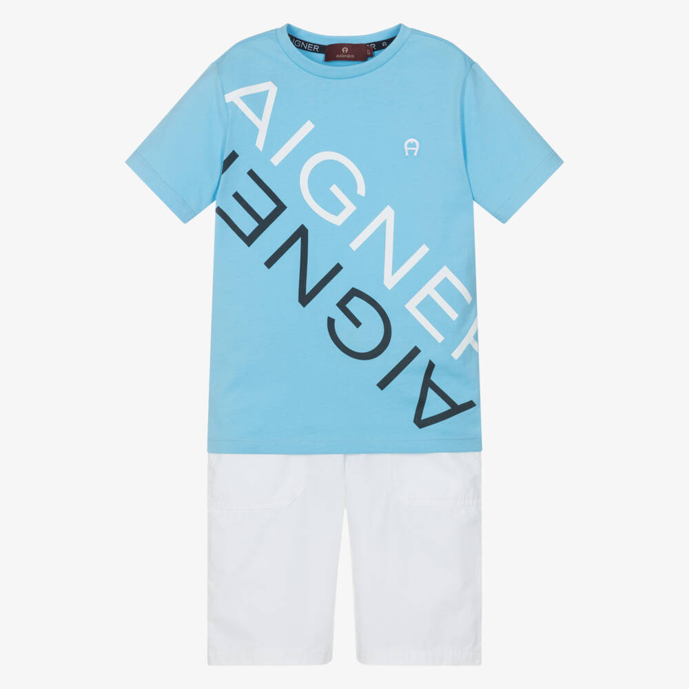 AIGNER-Boys Blue T-Shirt & White Cotton Shorts Set | Childrensalon Outlet