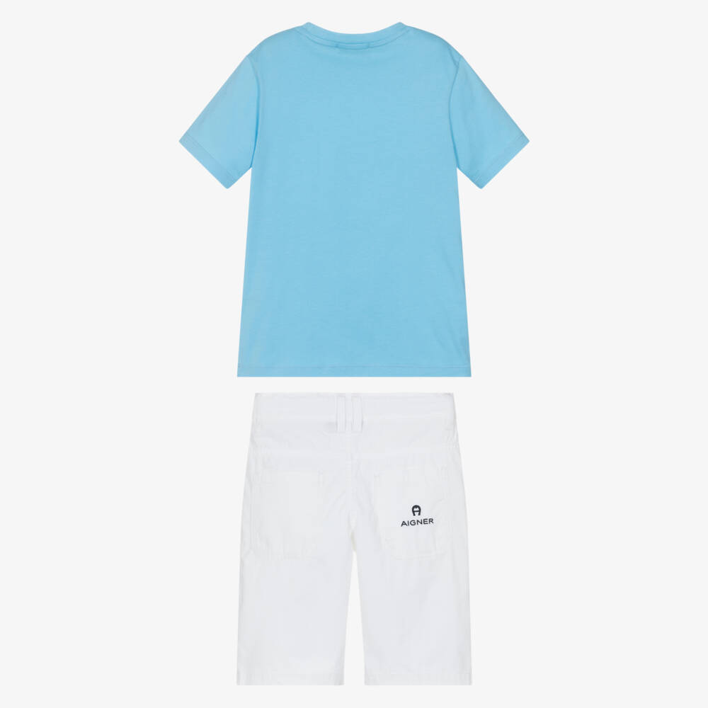 AIGNER-Boys Blue T-Shirt & White Cotton Shorts Set | Childrensalon Outlet