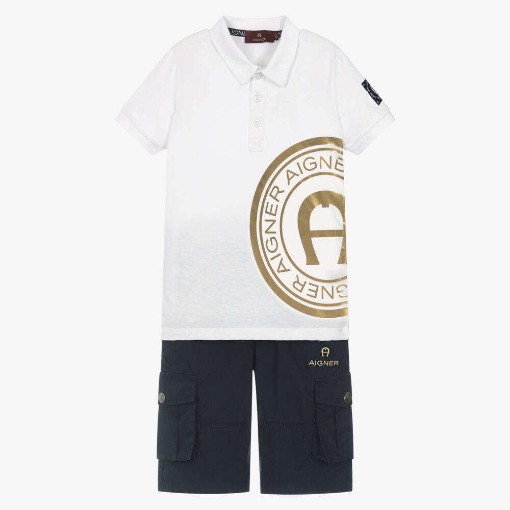 AIGNER-طقم ملابس قطنية زرقاء وبيضاء للأولاد | Childrensalon Outlet