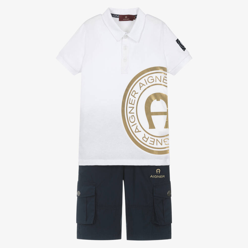 AIGNER-طقم ملابس قطنية زرقاء وبيضاء للأولاد | Childrensalon Outlet