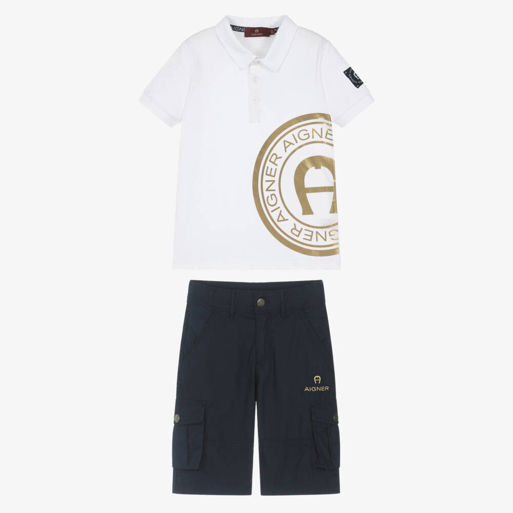 AIGNER-طقم ملابس قطنية زرقاء وبيضاء للأولاد | Childrensalon Outlet