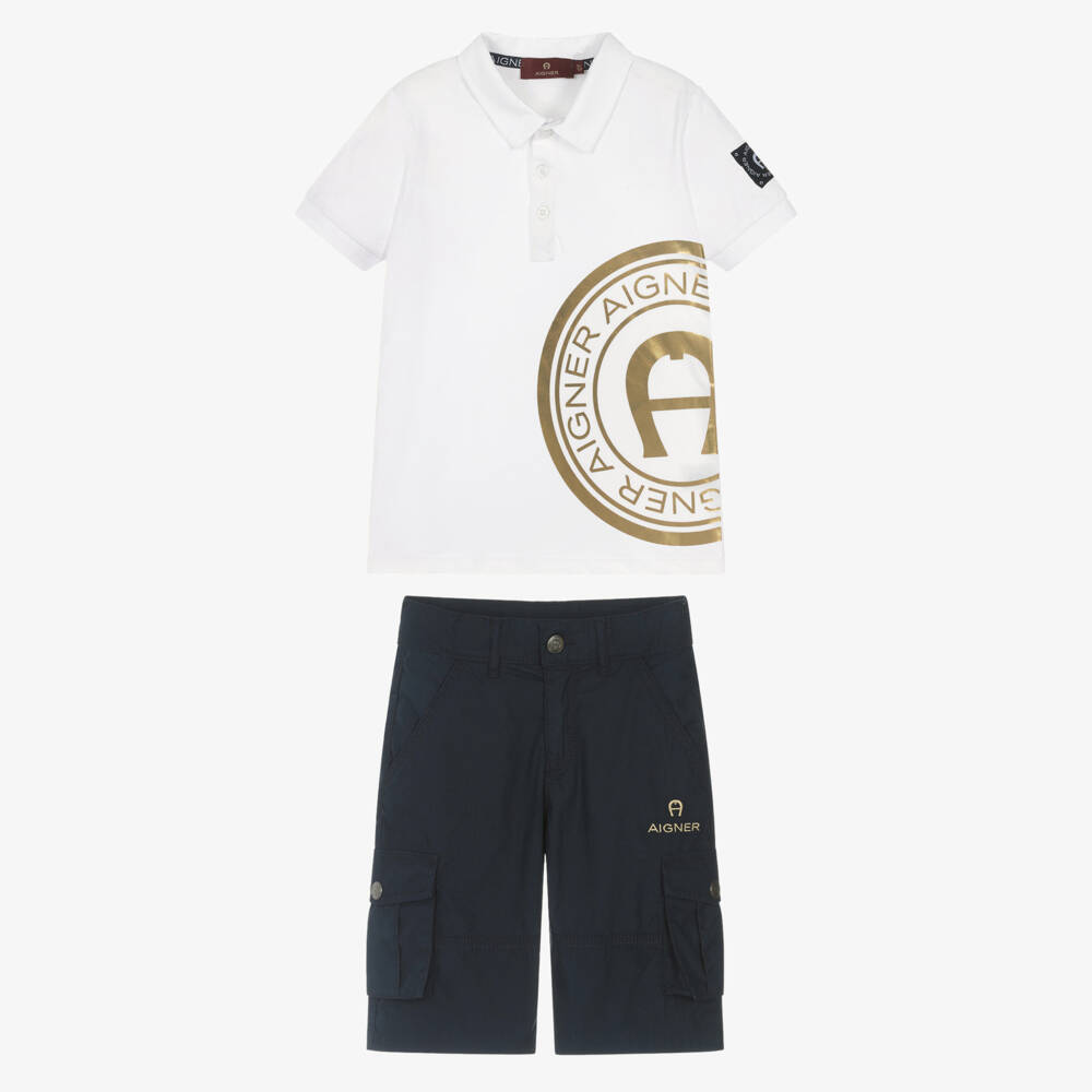 AIGNER-طقم ملابس قطنية زرقاء وبيضاء للأولاد | Childrensalon Outlet