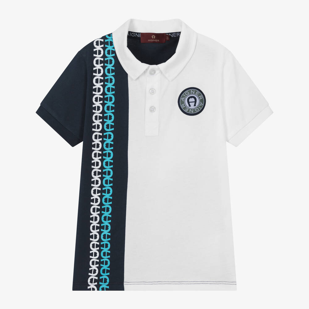 AIGNER-Boys Blue & White Cotton Polo Shirt | Childrensalon Outlet
