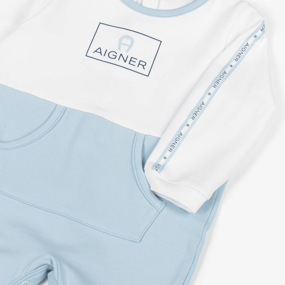 AIGNER-Boys Blue & White Cotton Pouch Pocket Babygrow | Childrensalon Outlet