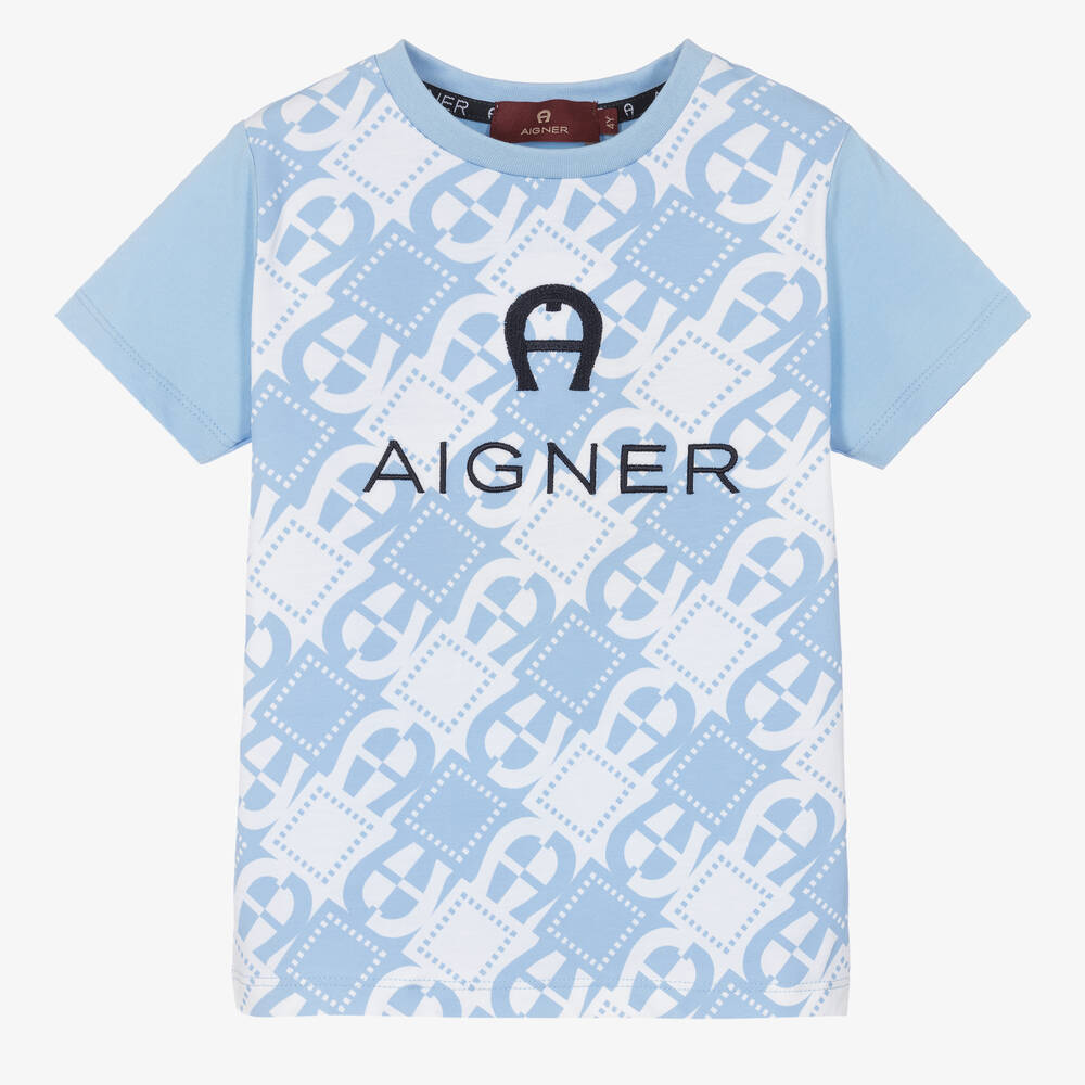 AIGNER - Boys Blue & White Cotton T-Shirt | Childrensalon