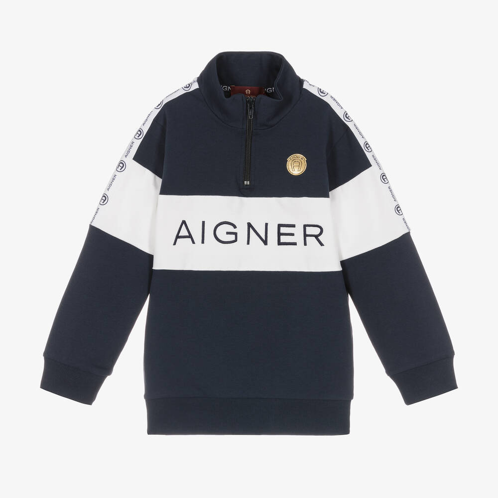 AIGNER - Boys Blue & White Half Zip Sweatshirt | Childrensalon