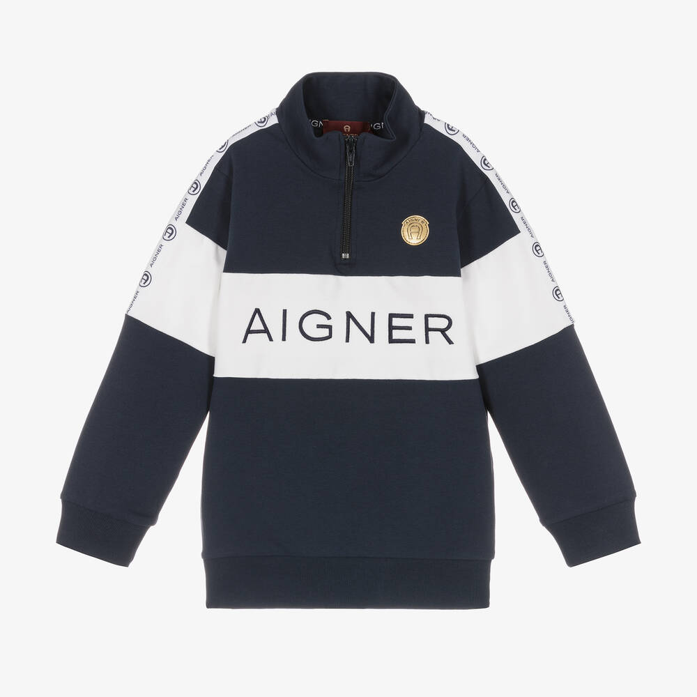 AIGNER - Sweat bleu et blanc zippé garçon | Childrensalon