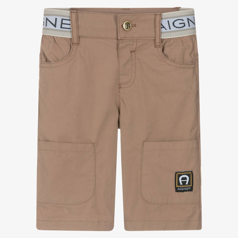 AIGNER-Boys Brown Cotton Shorts with Logo Waistband | Childrensalon Outlet