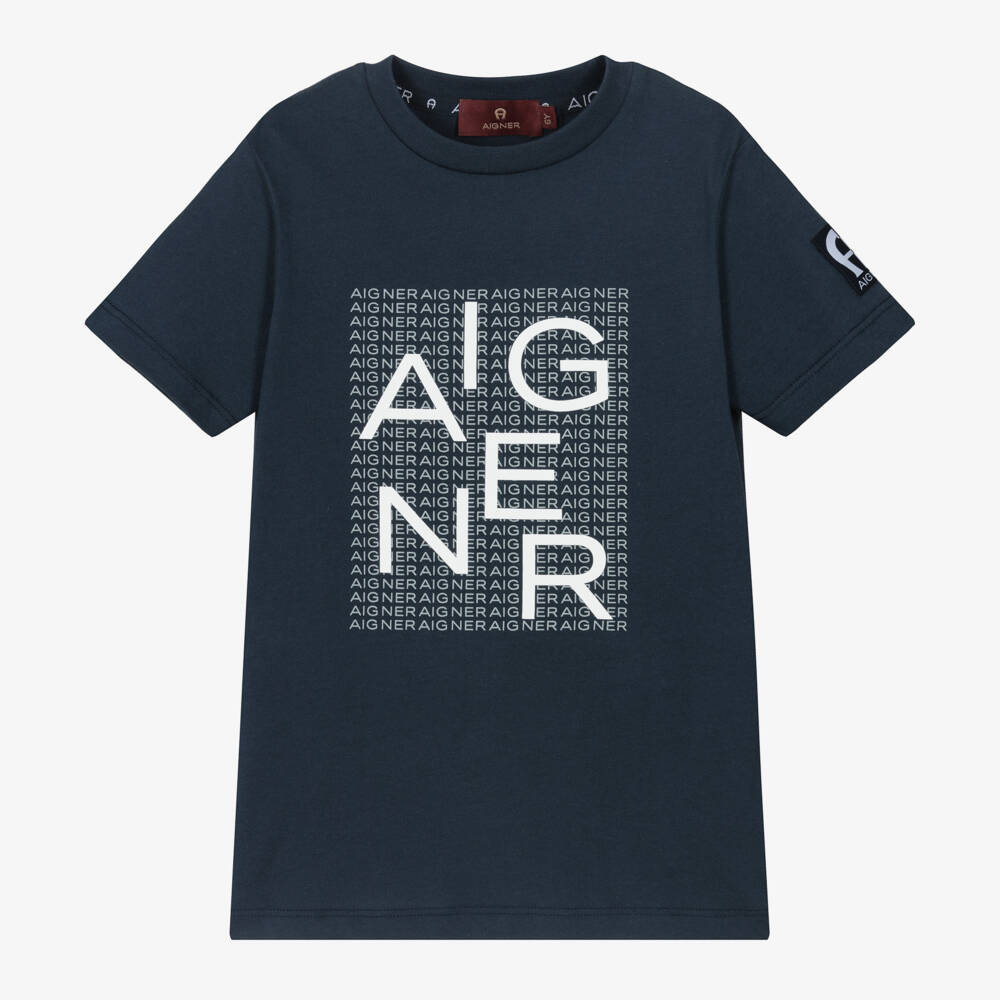 AIGNER-تيشيرت كلاسيكي أزرق للأولاد بحروف مطبوعة | Childrensalon Outlet
