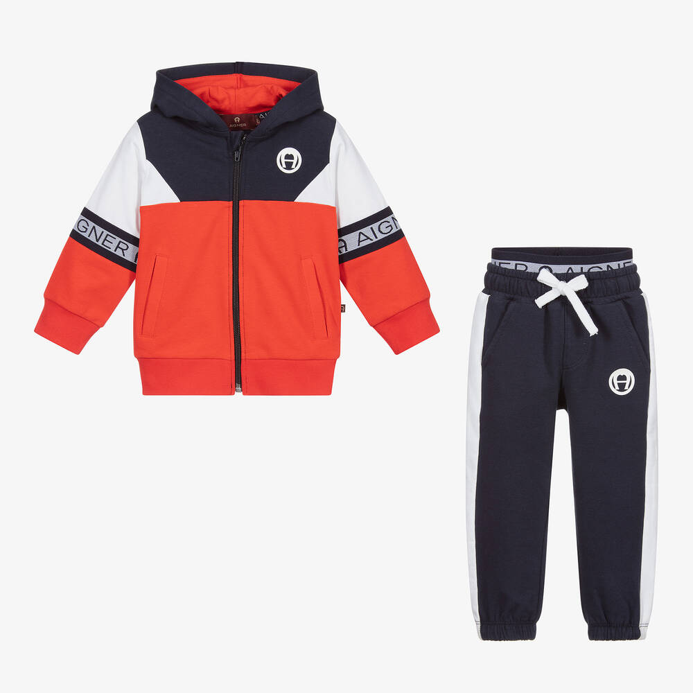 AIGNER-تراكسوت أطفال ولادي قطن جيرسي لون أحمر، كحلي وأبيض | Childrensalon Outlet