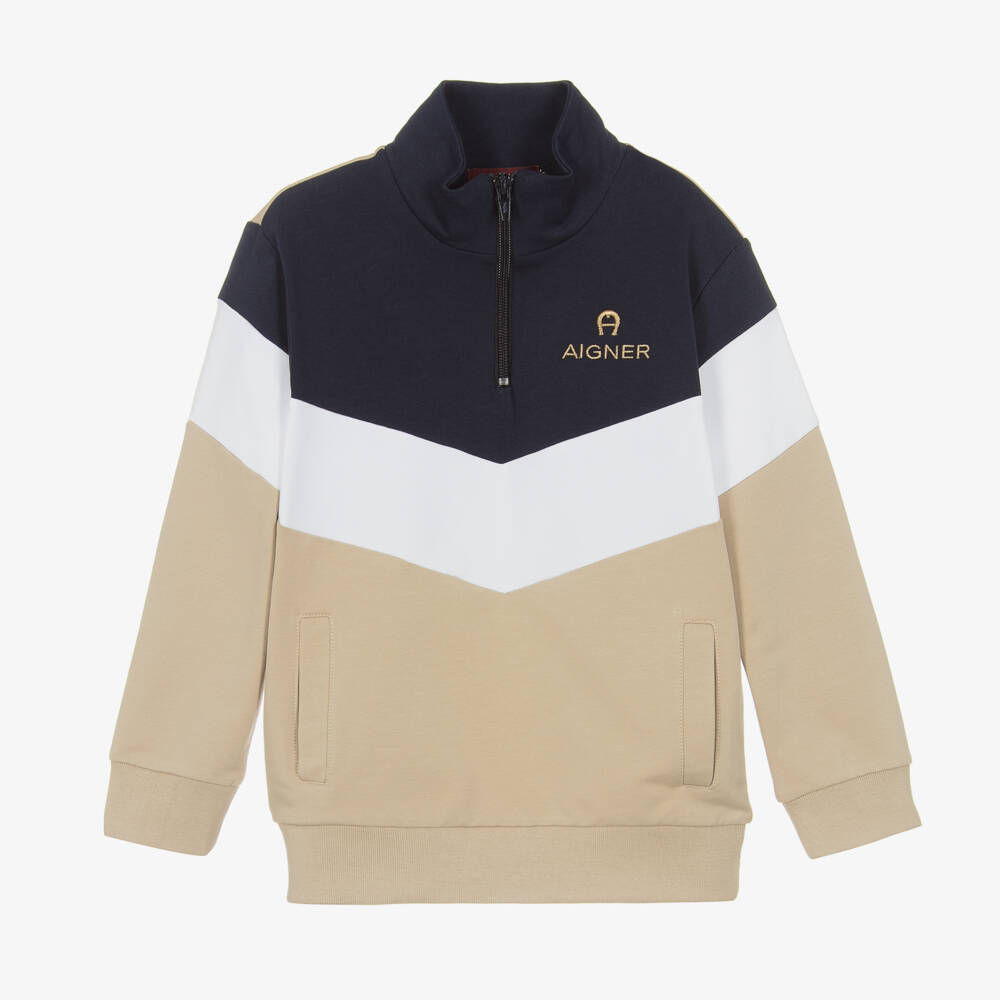 AIGNER-Boys Cotton Navy Beige Sweatshirt | Childrensalon Outlet