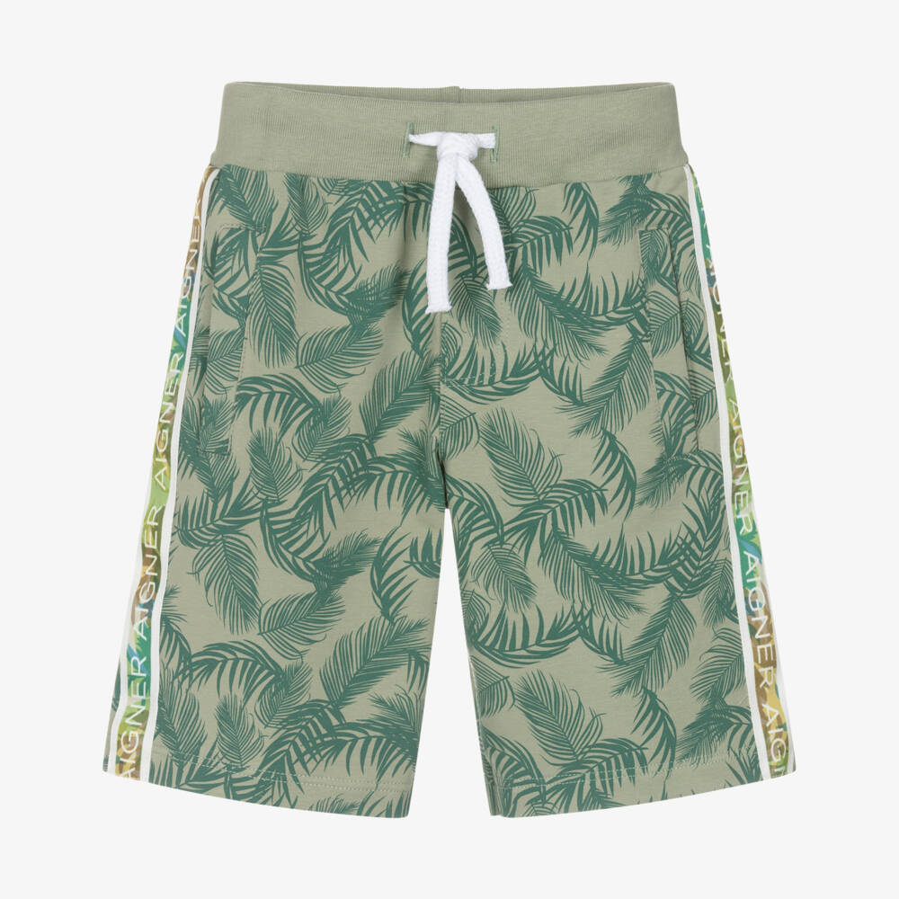 AIGNER-Boys Green Cotton Jersey Shorts with Leaf Pattern | Childrensalon Outlet
