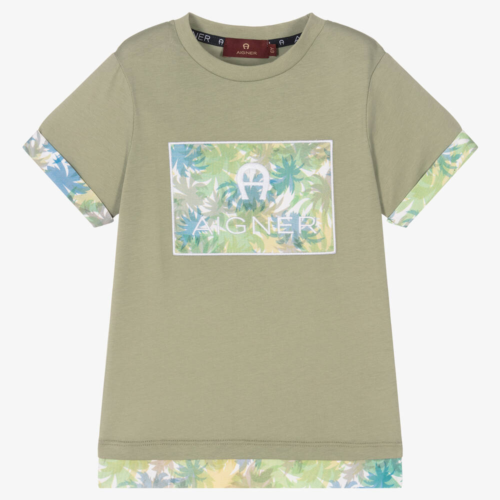 AIGNER - Boys Green Cotton Logo T-Shirt | Childrensalon