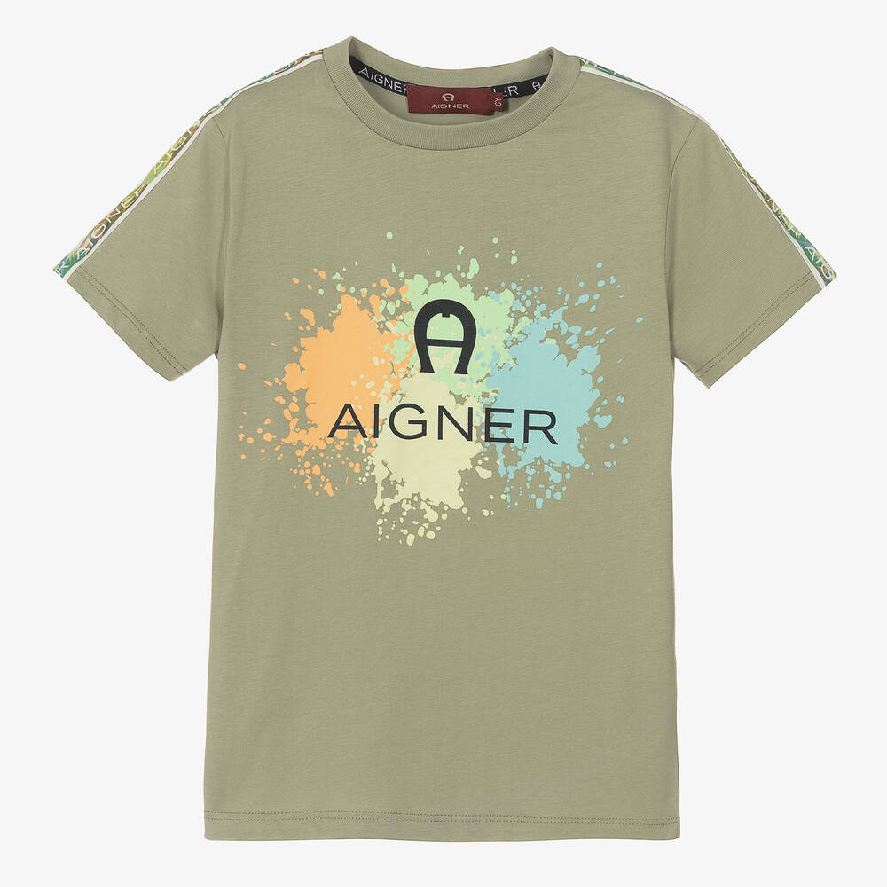 AIGNER - Boys Green Cotton Paint Splash T-Shirt | Childrensalon