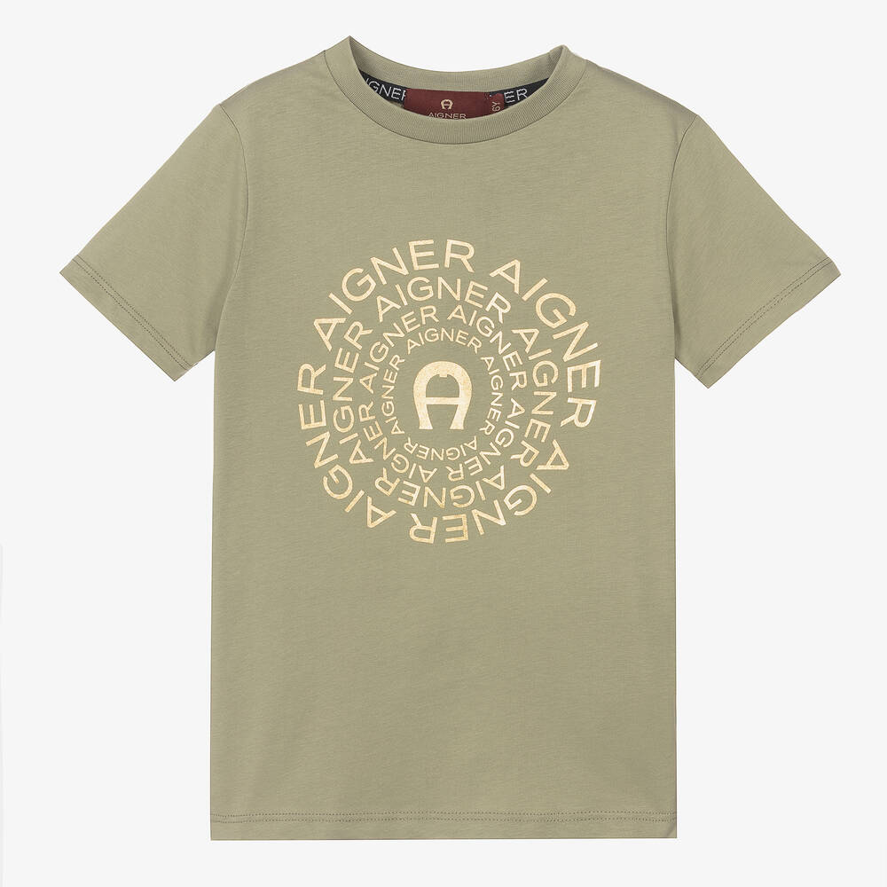 AIGNER - Boys Green & Gold Logo T-Shirt | Childrensalon