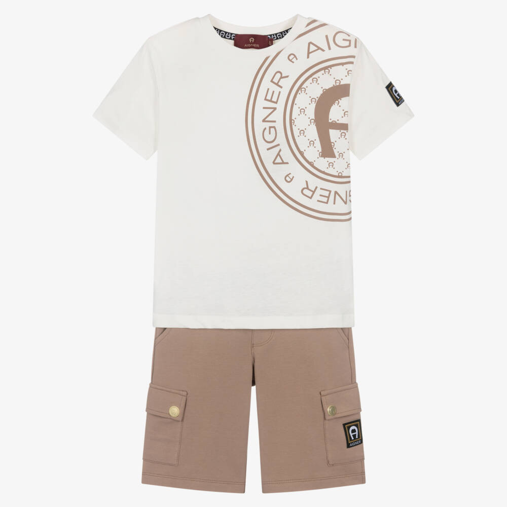 AIGNER-Boys Ivory & Brown Cotton Jersey Shorts Set | Childrensalon Outlet