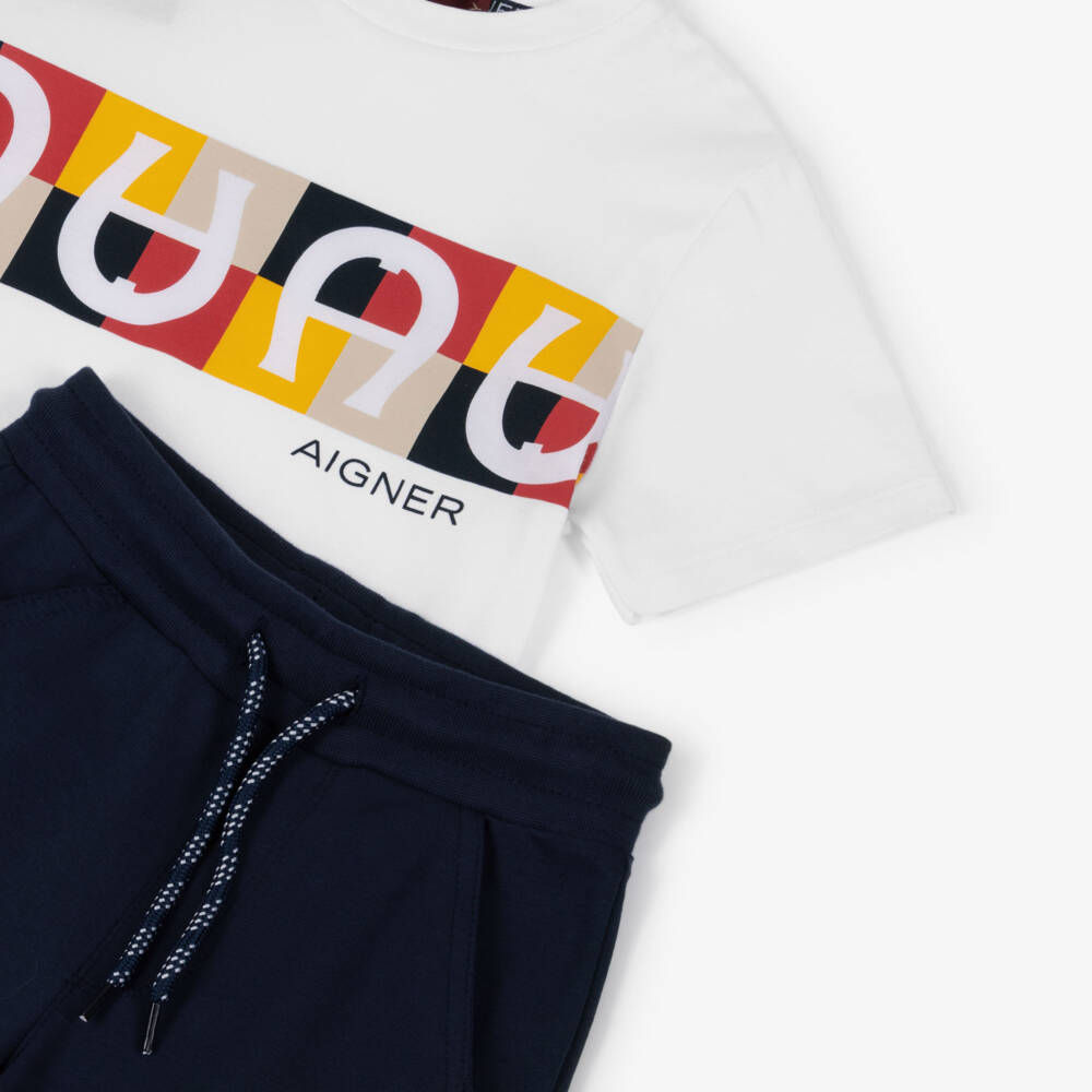 AIGNER-طقم شورتات للأولاد باللونين الأزرق الداكن والأبيض | Childrensalon Outlet