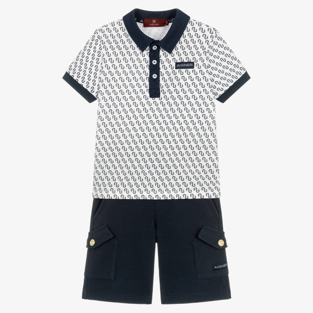 AIGNER-Boys Navy Blue Cotton A-Logo Polo Shirt & Shorts Set | Childrensalon Outlet
