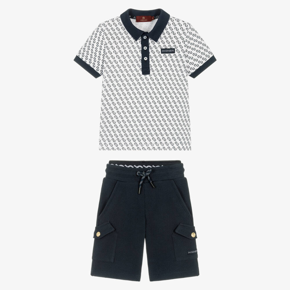 AIGNER-Boys Navy Blue Cotton A-Logo Polo Shirt & Shorts Set | Childrensalon Outlet
