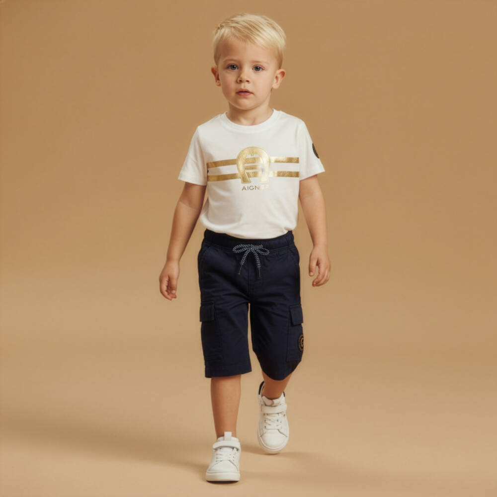 AIGNER-Boys Navy Blue Cotton Cargo Shorts with Logo | Childrensalon Outlet