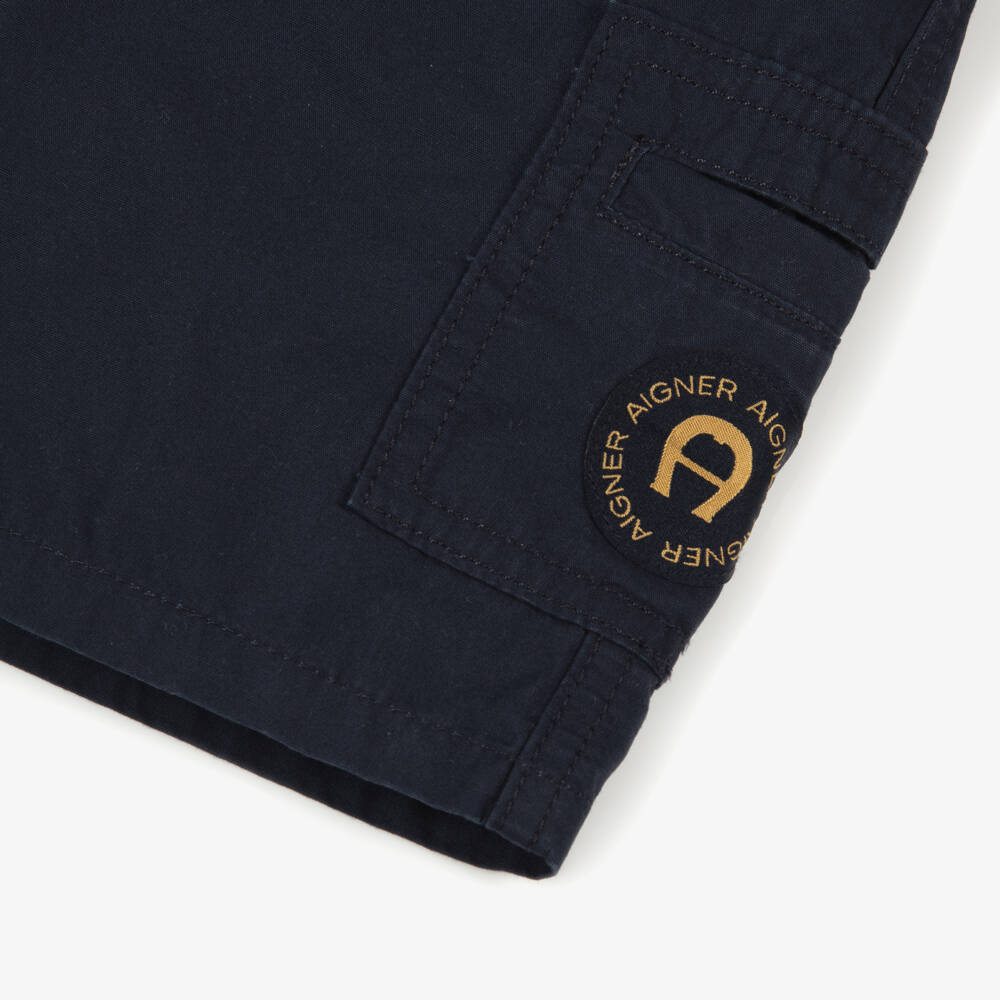 AIGNER-Boys Navy Blue Cotton Cargo Shorts with Logo | Childrensalon Outlet