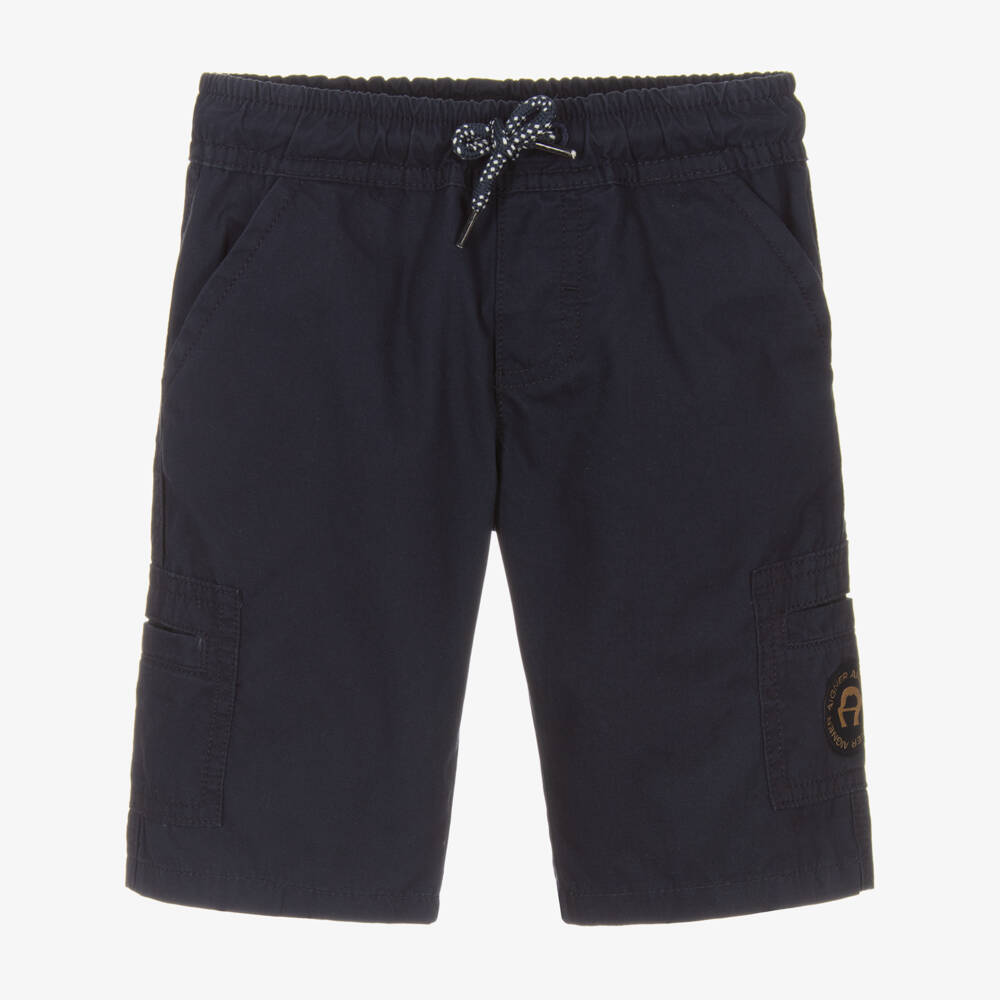 AIGNER-Boys Navy Blue Cotton Cargo Shorts with Logo | Childrensalon Outlet