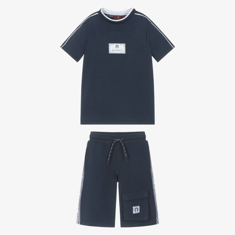 AIGNER-Boys Navy Blue Cotton Jersey Shorts Set | Childrensalon Outlet