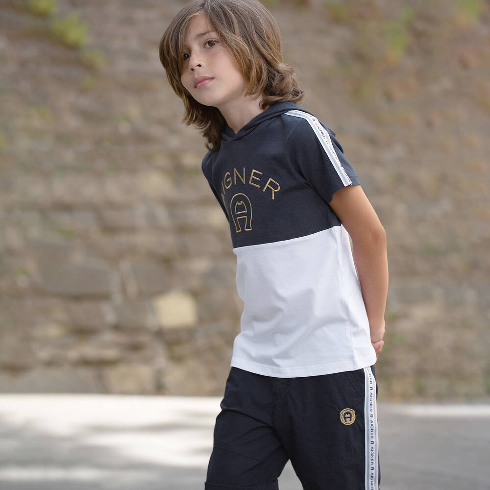 AIGNER-Boys Navy Blue Cotton Logo Shorts | Childrensalon Outlet