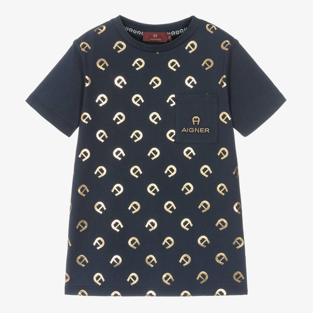 AIGNER-Boys Navy Blue Cotton T-Shirt | Childrensalon Outlet