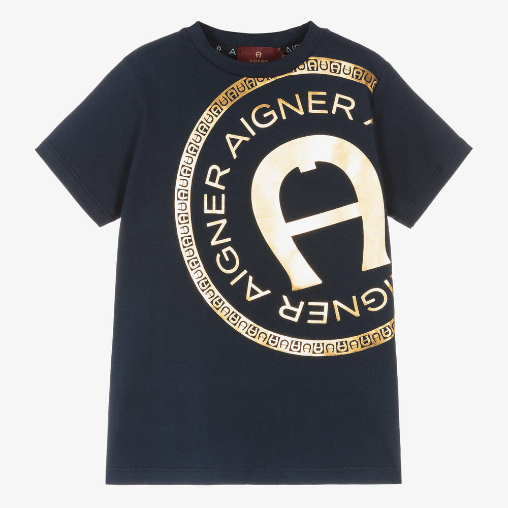 AIGNER-Boys Navy Blue Cotton T-Shirt | Childrensalon Outlet