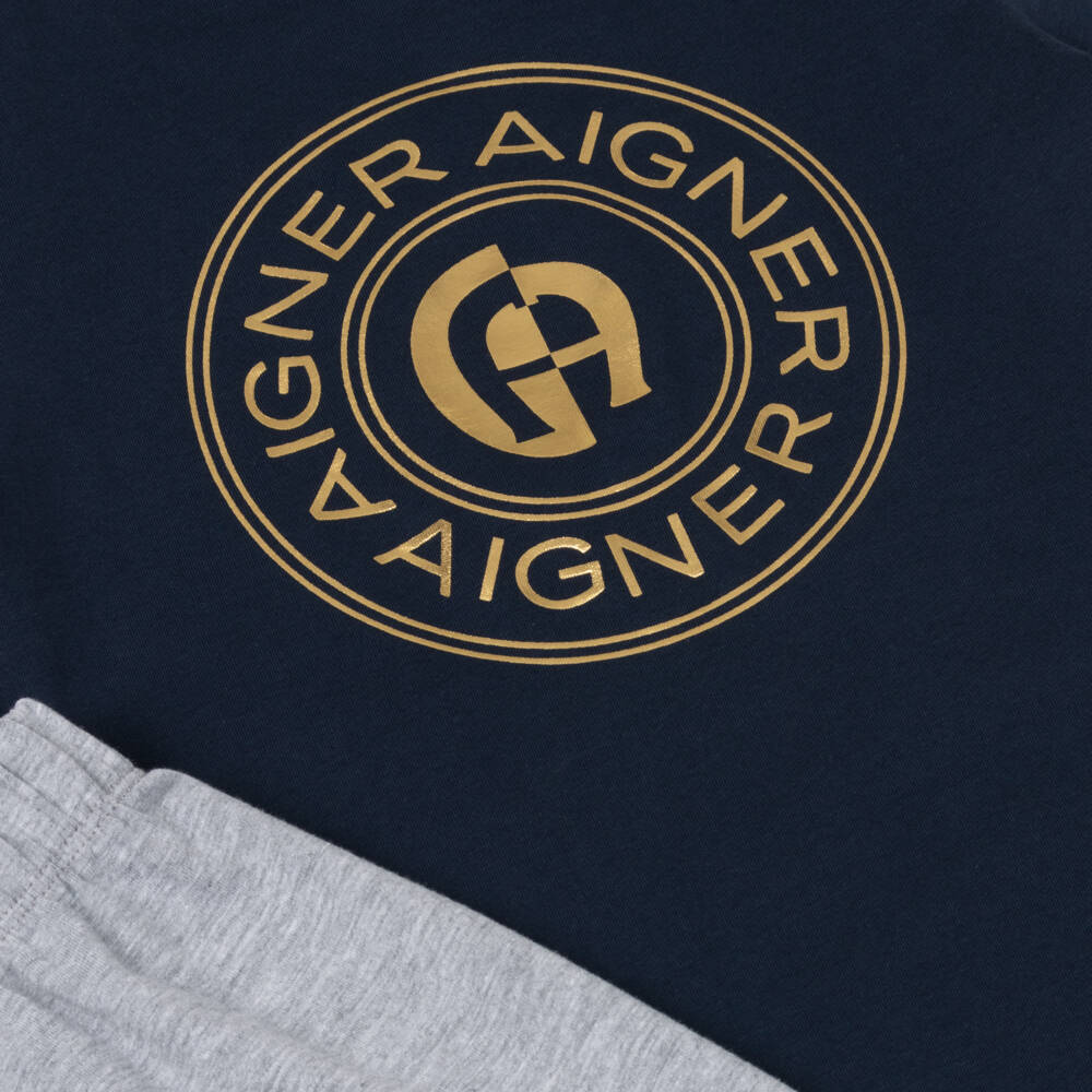 AIGNER-Boys Navy Blue & Grey Cotton Jersey Short Pyjamas | Childrensalon Outlet