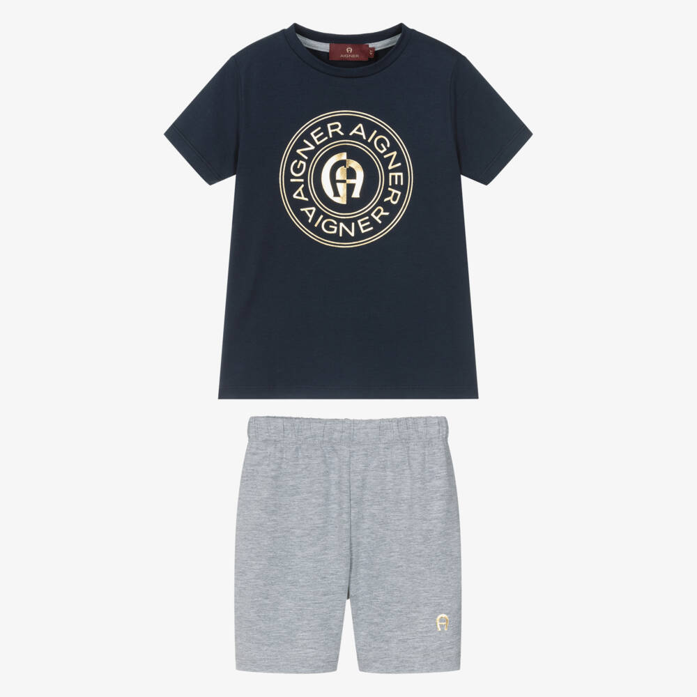AIGNER-Boys Navy Blue & Grey Cotton Jersey Short Pyjamas | Childrensalon Outlet