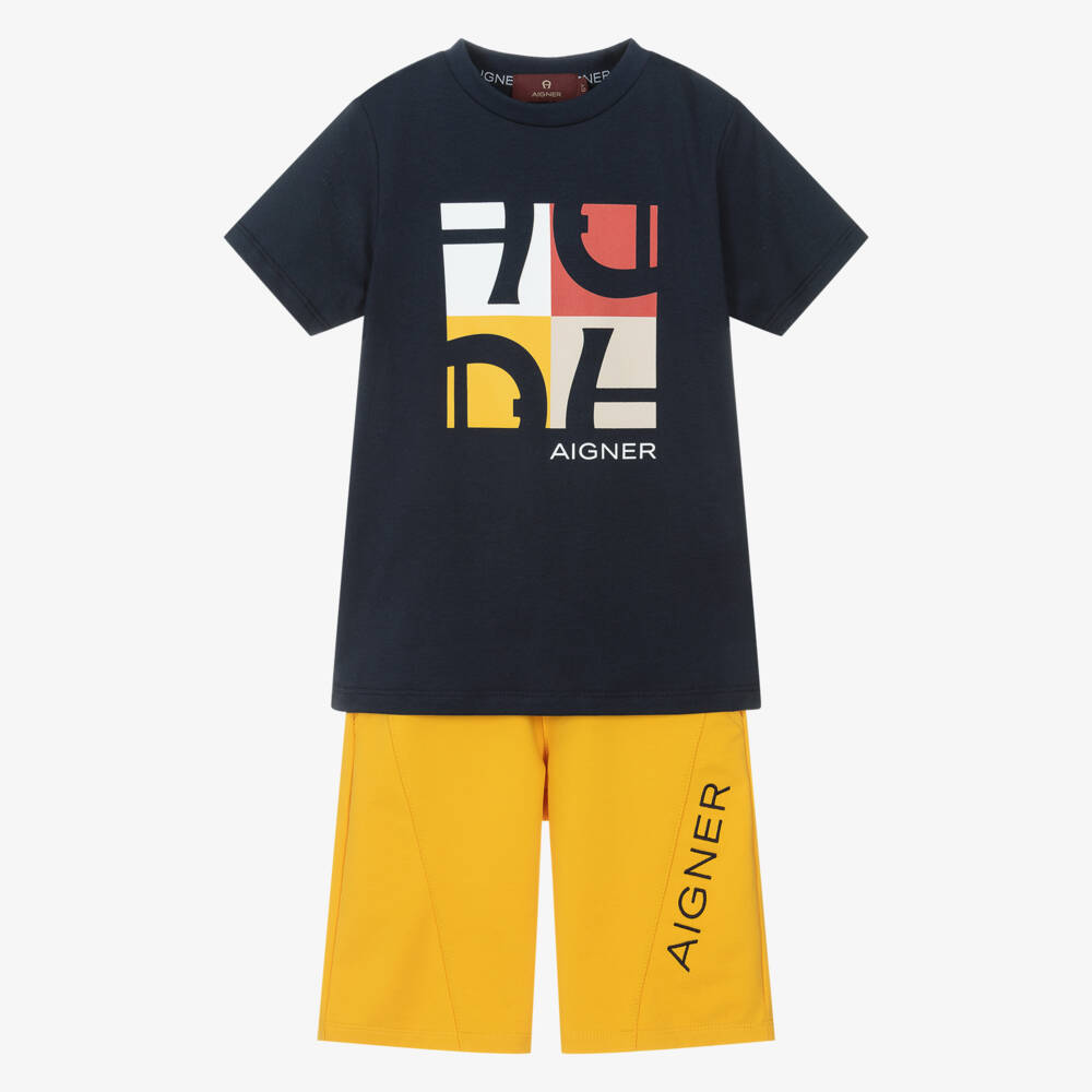AIGNER-Boys Navy Blue & Mustard Yellow Cotton Shorts Set | Childrensalon Outlet