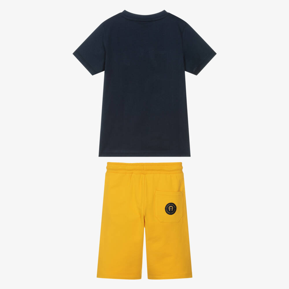 AIGNER-Boys Navy Blue & Mustard Yellow Cotton Shorts Set | Childrensalon Outlet