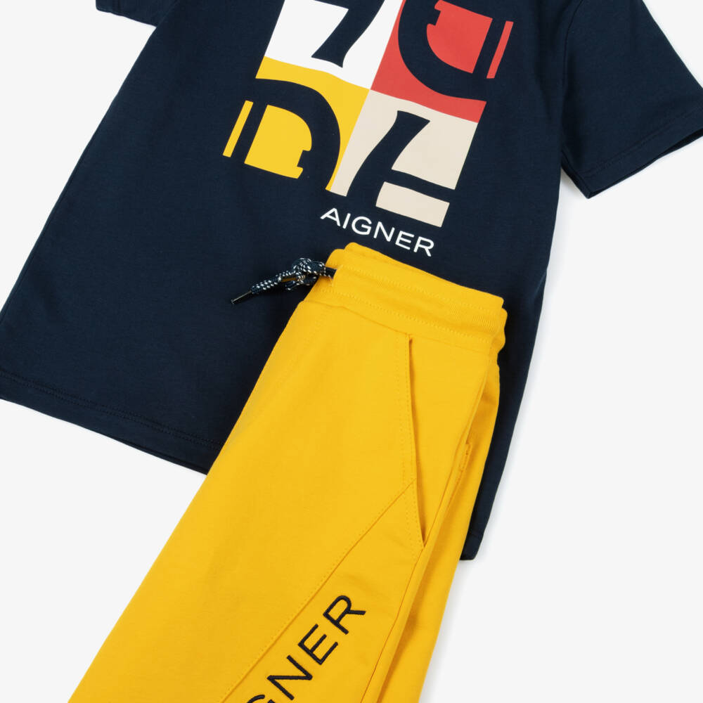 AIGNER-Boys Navy Blue & Mustard Yellow Cotton Shorts Set | Childrensalon Outlet