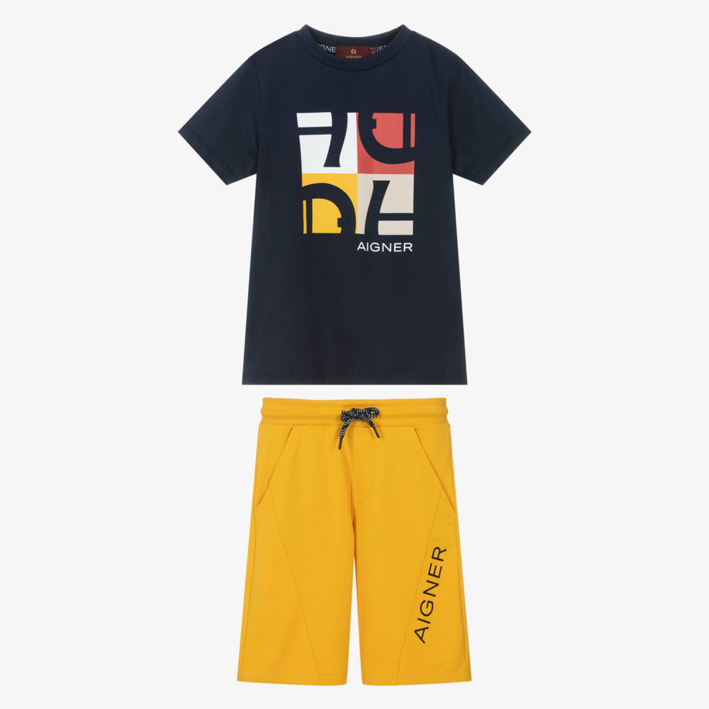 AIGNER-Boys Navy Blue & Mustard Yellow Cotton Shorts Set | Childrensalon Outlet