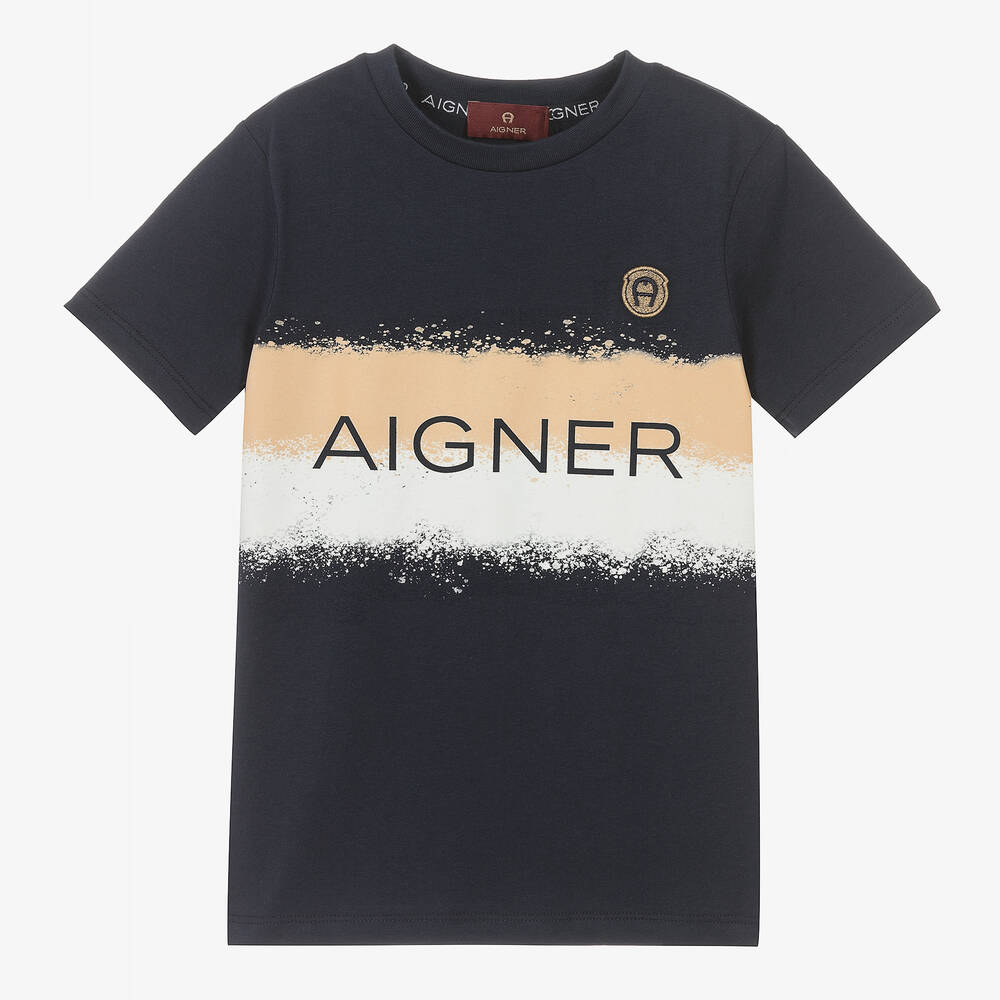 AIGNER - Boys Navy Blue Striped Logo T-Shirt | Childrensalon