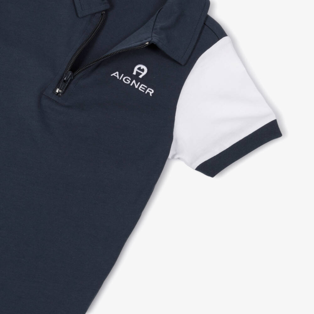 AIGNER-Boys Navy Blue & White Cotton Polo Shirt with Zip Fastening | Childrensalon Outlet
